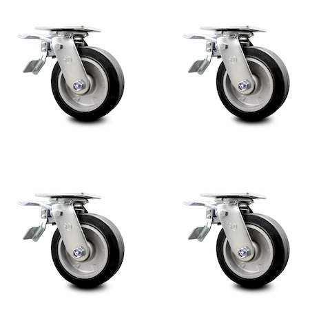 Service Caster 6 Inch Rubber on Aluminum Caster Set with Roller Bearing and Total Lock Brake SCC-TTL30S620-RAR-4